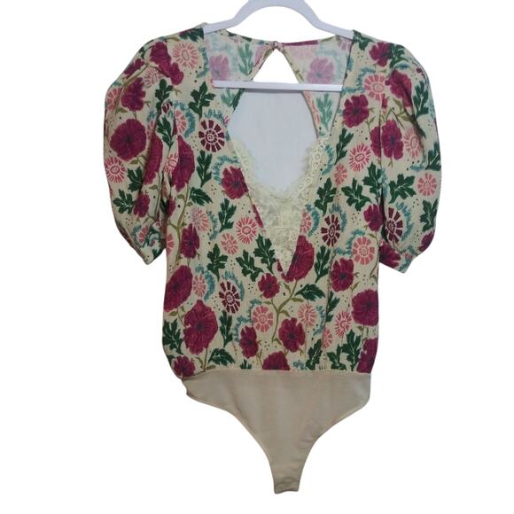 Free People Floral Romantic Boho Lace Open Back Bodysuit Puff Sleeves Size XS - Picture 1 of 11